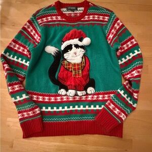 Ugly Christmas Cat Sweater/ Festive Cat Crewneck Sweater